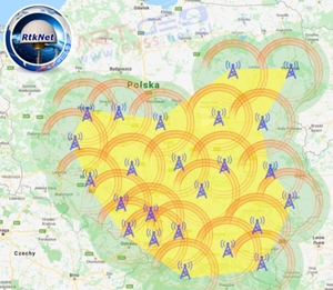 Ilustracja: Nowe stacje w sieci RtkNet <br />
Zasięg korekt RTK w sieci RtkNet