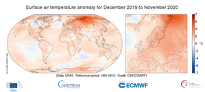 Ocieplenie klimatu a obserwacje satelitarne
Anomalie temperatury powietrza w okresie grudzień 2019 - listopad 2020 w stosunku do średniej z lat 1981-2010 (Źródło danych: ERA5. Źródło: Copernicus Climate Change Service/ECMWF) Ilustracja: Ocieplenie klimatu a obserwacje satelitarne <br />
Anomalie temperatury powietrza w okresie grudzień 2019 - listopad 2020 w stosunku do średniej z lat 1981-2010 (Źródło danych: ERA5. Źródło: Copernicus Climate Change Service/ECMWF)