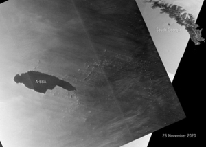 Ilustracja: Wielka góra lodowa pod czujnym okiem satelitów <br />
(contains modified Copernicus Sentinel data 2020, processed by ESA)