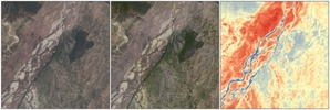 Ilustracja: Nowa kolekcja danych Landsat <br />
Od lewej: dane na poziomie 1, reflektancja powierzchni, temperatura pow.