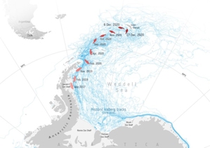 Ilustracja: Wielka góra lodowa pod czujnym okiem satelitów <br />
Trasa 3-letniej podróży A-68A na tle innych gór lodowych (fot. Antarctic Iceberg Tracking Database)